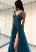 Tulle Prom Dress Ink Blue A-Line Sheer Bateau Sleeveless Floor-Length Beaded Split