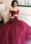 Tulle Prom Dress Burgundy Trumpet Sweetheart Sweep Off Shoulder, Lace