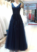 Tulle Prom vestito Principessa V-Neck senza maniche Navy Blue Floor Lunghezza, Pizzo perline
