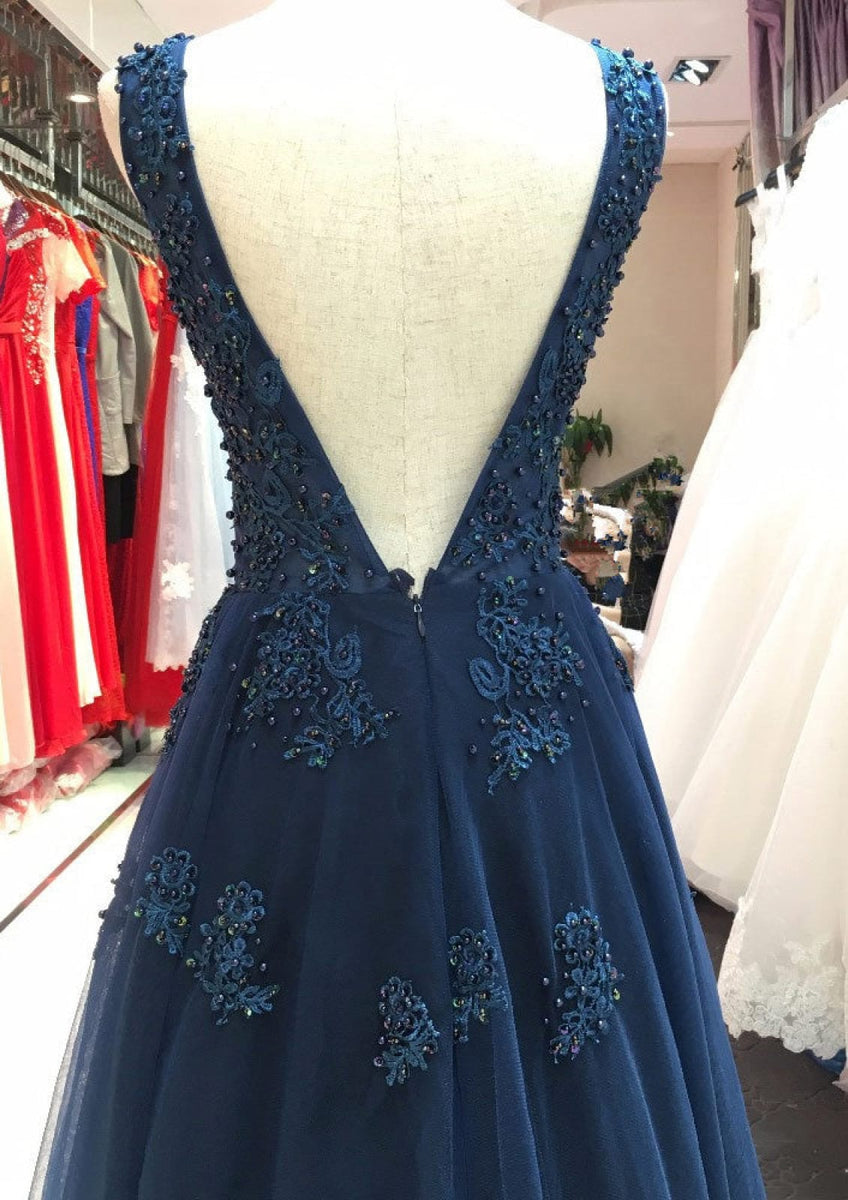 Tulle Prom Dress Princess V-Neck Sleeveless Navy Blue Floor Length, Be - Princessly Tulle Prom Dress Princess V-Neck Sleeveless Navy Blue Floor Length, Be - Princessly