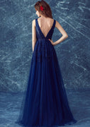 Tulle Sweep A-Line Sleeveless V-Neck Evening Prom Dress, Lace Beaded