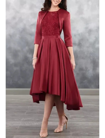 Two Piece A-line Hi Low Bateau Neck Satin Mother of Bride