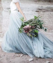 Ivory Lace Dusty Blue Tulle Short Sleeves Wedding Party