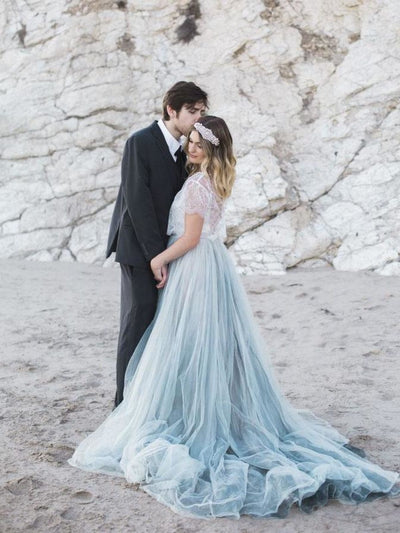 Ivory Lace Dusty Blue Tulle Short Sleeves Wedding Party