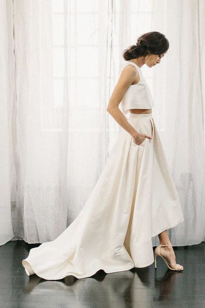 Ivory Satin Two Piece Wedding Dress with Sweep Train