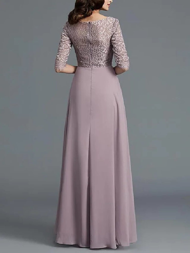 Two Piece A-Line Bateau Neck Lace Chiffon Floor Length