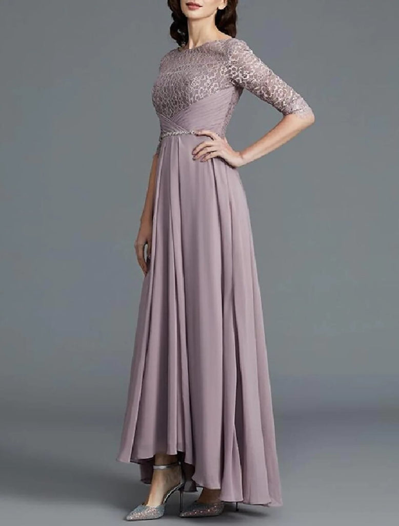Two Piece A-Line Bateau Neck Lace Chiffon Floor Length