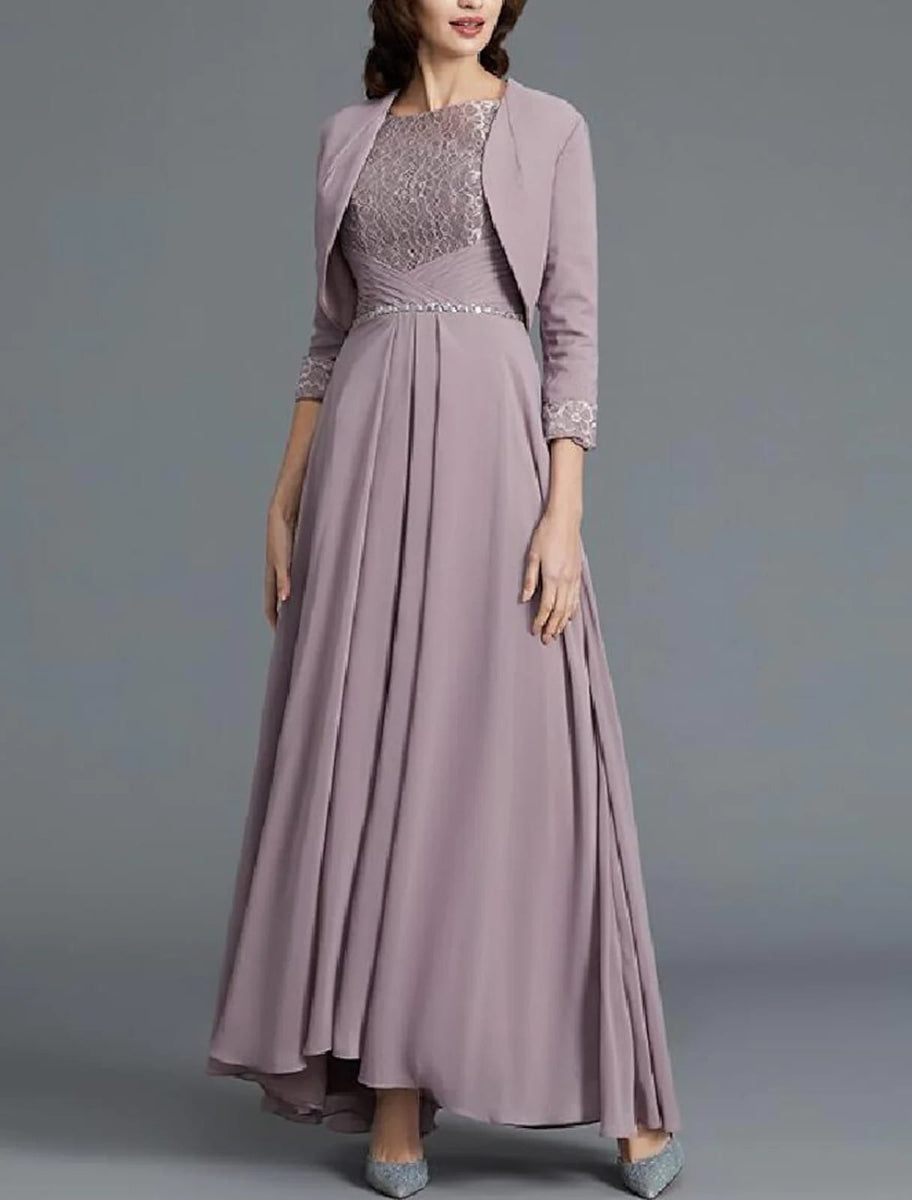 Two Piece A-Line Bateau Neck Lace Chiffon Ankle Length Mother of Bride