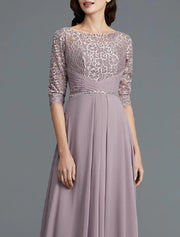 Two Piece A-Line Bateau Neck Lace Chiffon Floor Length
