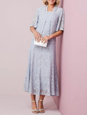 Two Piece A-line Calf Length Scalloped Neck Lace Mother of
