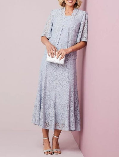 Two Piece A-line Calf Length Scalloped Neck Lace Mother of