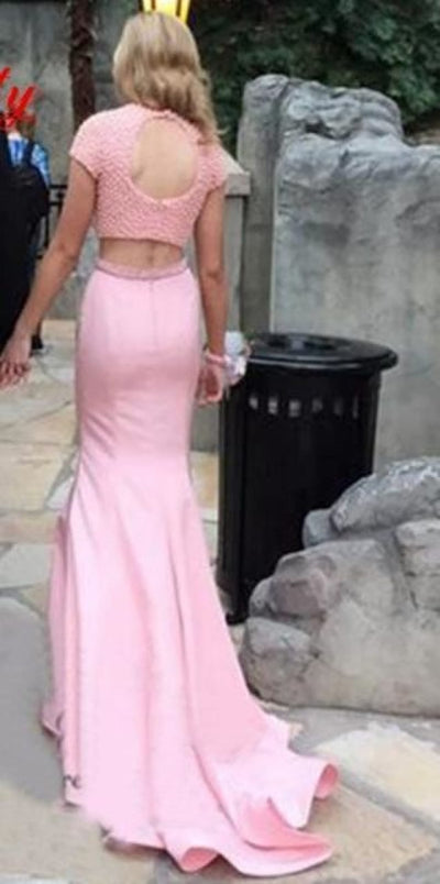 Two Piece Pink Satin Pearl Keyhole Back Wedding Prom Evening