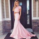 Deux pièces rose satin perle haut manches courtes robe de soirée de bal de mariage