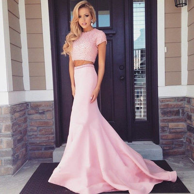 Two Piece Pink Satin Pearl Keyhole Back Wedding Prom Evening