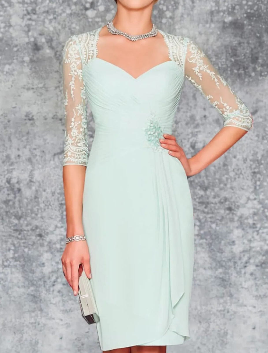 Two Piece Sheath Sweetheart Knee Length Chiffon Mother of Bride Dress, Lace Embroidery Two Piece Sheath Sweetheart Knee Length Chiffon Mother of Bride Dress, Lace Embroidery