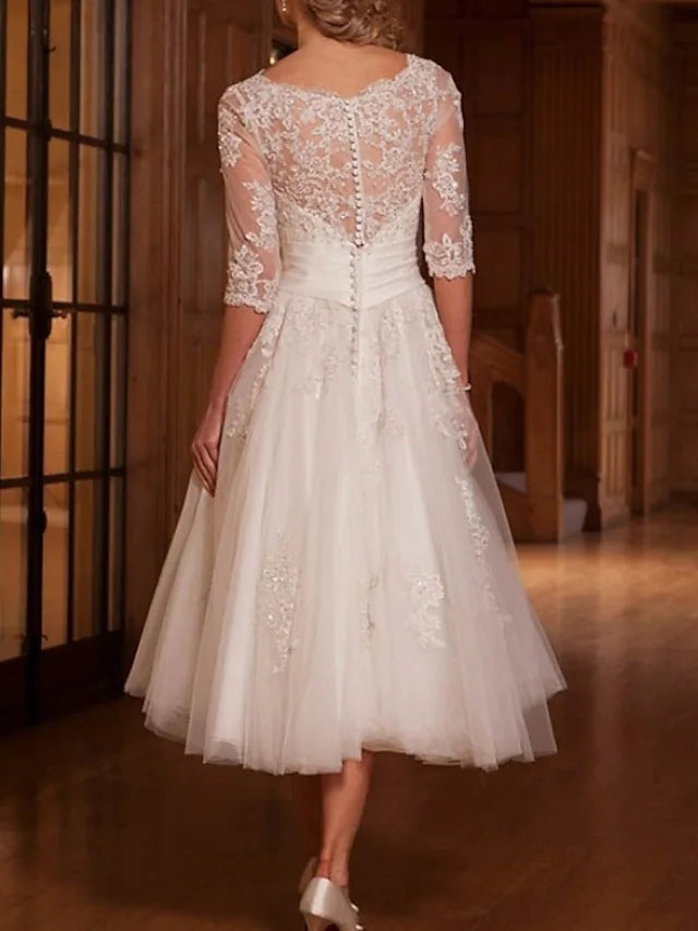 Bridal Shower A-Line Wedding Dress Tea Length 3/4 Sleeve Lace Bridal Gown Bridal Shower A-Line Wedding Dress Tea Length 3/4 Sleeve Lace Bridal Gown