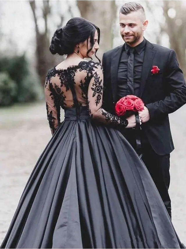 A-Line Scalloped Bateau Long Sleeve Illusion Lace Satin Black Wedding Dress A-Line Scalloped Bateau Long Sleeve Illusion Lace Satin Black Wedding Dress