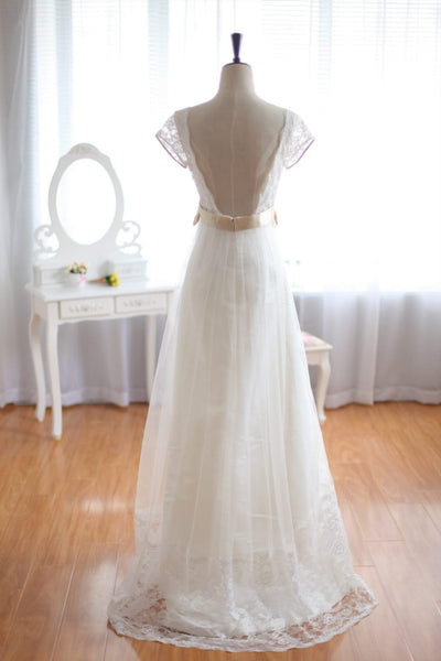 Vintage Inspired Lace Tulle Wedding Dress Deep V Back with