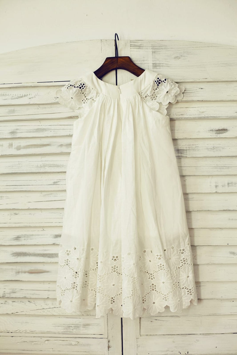 Vintage Ivory Cotton Eyelet Lace Cap Sleeves Flower Girl Dress Princessly