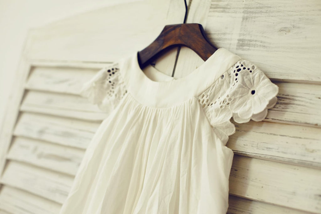 Vintage Ivory Cotton Eyelet Lace Flower Girl Dress with Cap