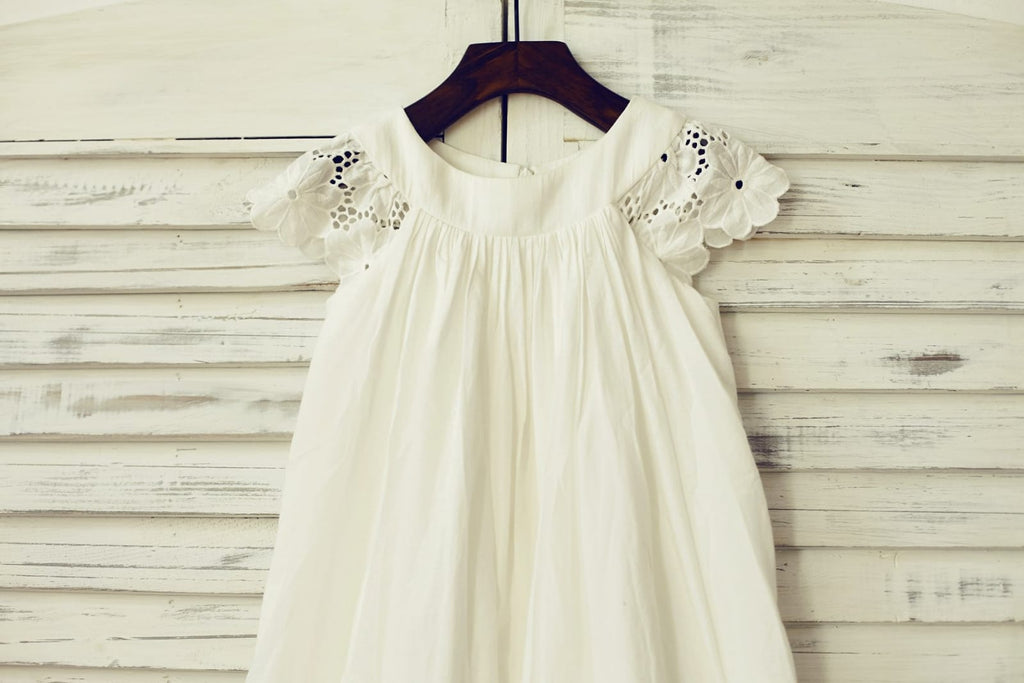 Vintage Ivory Cotton Eyelet Lace Flower Girl Dress with Cap