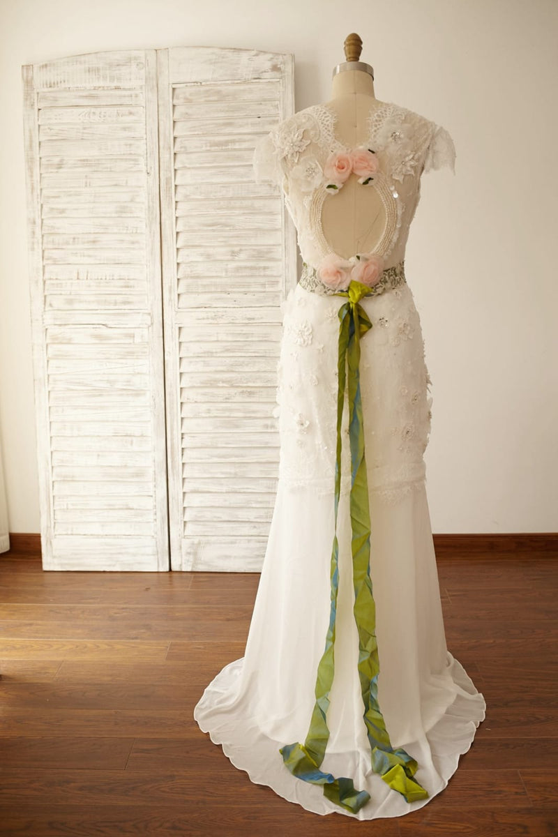 Vintage Keyhole Back Lace Chiffon Cap Sleeves Wedding Dress 6 Vintage Keyhole Back Lace Chiffon Cap Sleeves Wedding Dress 6