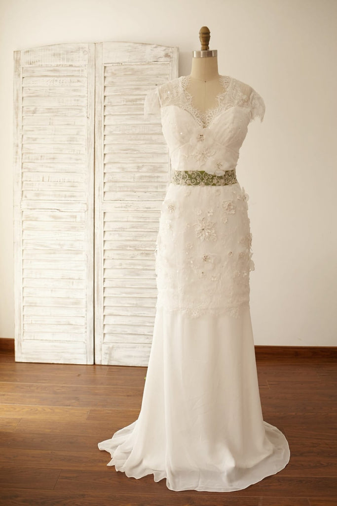 Vintage Keyhole Back Lace Chiffon Cap Sleeves Wedding Dress