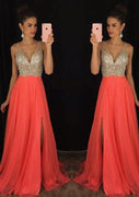 Watermelon A-line Chiffon V Neck Split Formal Evening Prom Dress, Rhinestones