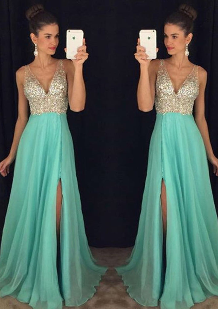 A-line Chiffon V Neck Sleeveless Split Formal Prom Dress