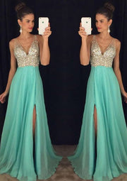 A-line Chiffon V Neck Sleeveless Split Formal Prom Dress