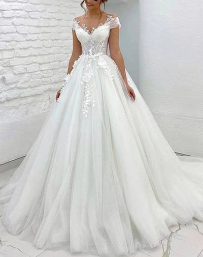 Princess Ivory Tulle Illusion Scoop Floor Length Court Wedding Dress, Lace