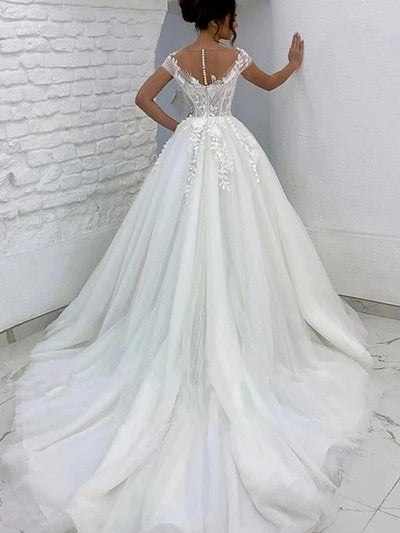 Princess Ivory Tulle Illusion Scoop Floor Length Court Wedding Dress, Lace