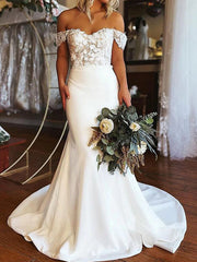 Mermaid Stretch Crepe Off Shoulder Sweep abito da sposa lungo, pizzo