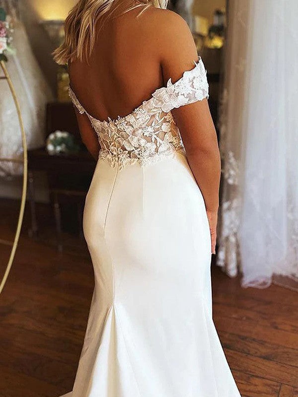 Mermaid Stretch Crepe Off Shoulder Sweep abito da sposa lungo, pizzo