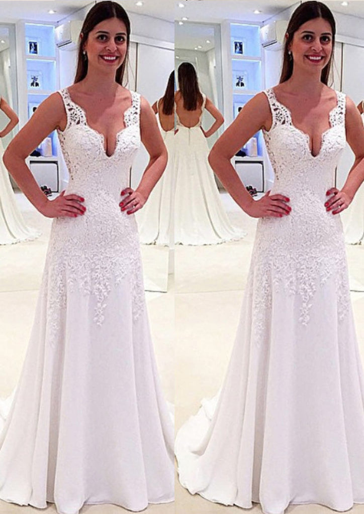 White Lace Chiffon A-Line/Princess Sleeveless Wedding Dress
