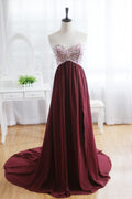 Weinrot Burgund Chiffon Brautjungfernkleid Ballkleid Trägerloses Perlenkleid
