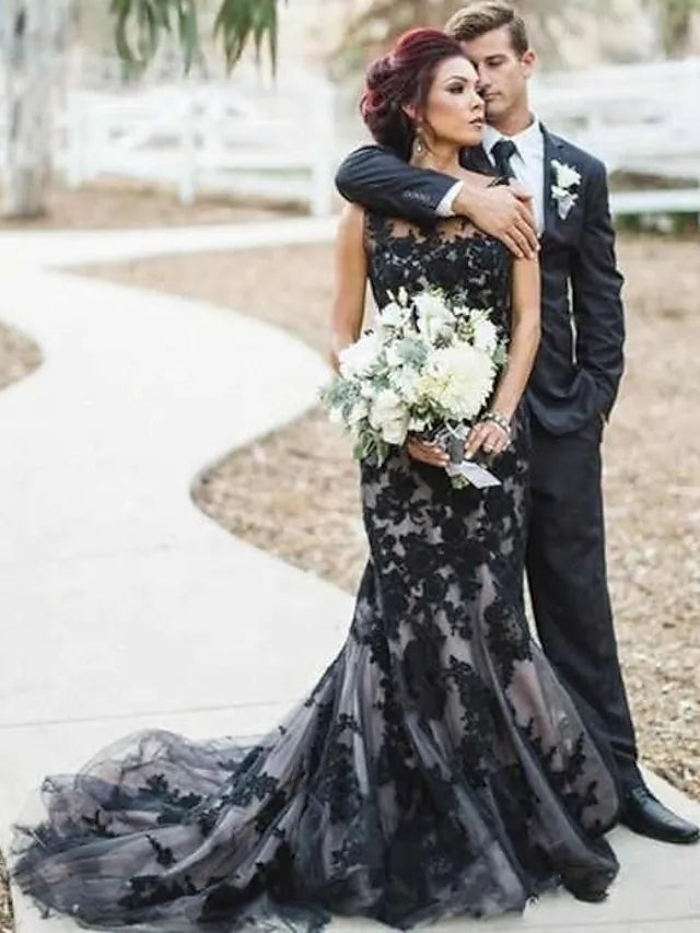 Mermaid Bateau Sleeveless Court dentelle Tulle robe de mariée noire