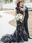 Sereia Bateau sem mangas Tribunal Lace Tulle vestido de casamento preto