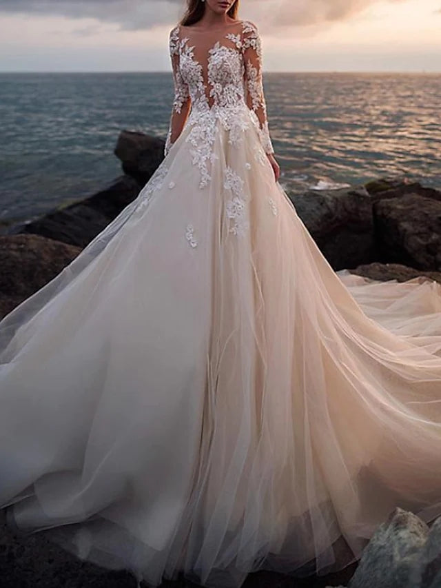 A-Line Illusion Chiffon Bateau Court Floor Length Wedding Dress, Lace