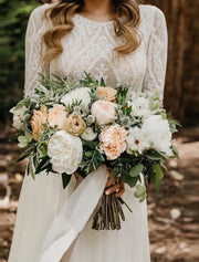 A-Line Wedding Dress Long Sleeve Open Back Bateau Sweep Lace 2024 Bridal Gown