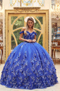 Off Shoulder Royal Blue Floral V-Neck Lace-up Ball Gown Quinceanera Dress