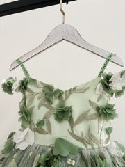 Vestido de niña de flores de boda hasta el suelo de tul verde con bordado floral 3D de princesa