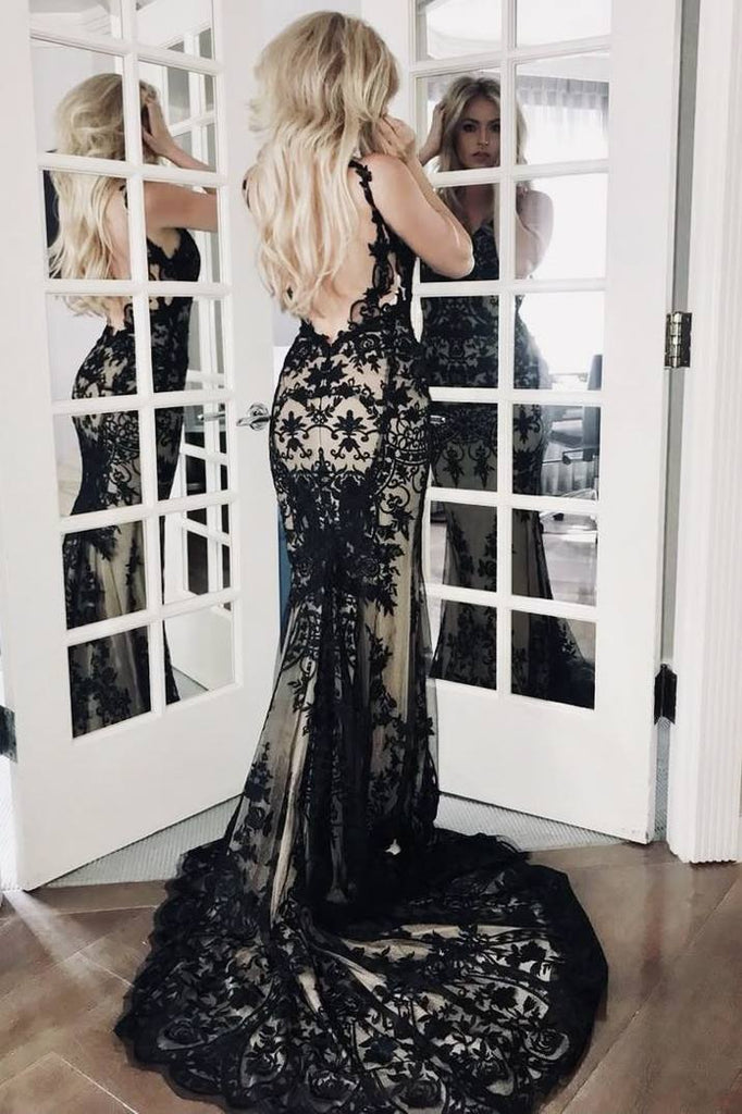 backless trumpet dress Black V-Neck Straps Lace Backless Trumpet Sweep Long Prom Dress