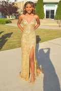 Gold Sequin V-Neck Spaghetti Strap Mermaid Long Prom Dress, Slit