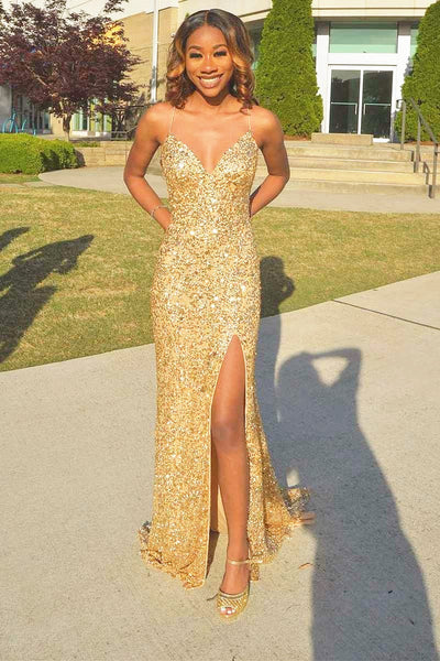 Sequin V-Neck Spaghetti Strap Mermaid Prom Dress