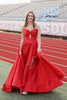 A-Line Strapless Bow Sleeveless Cut-out Red Satin Long Prom Dress, Slit