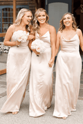Champagne Cowl Neck Spaghetti Strap Long Bridesmaid Dress