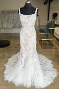 Mermaid Floral Lace Tulle Square Neck Ruffles Long Wedding Gown