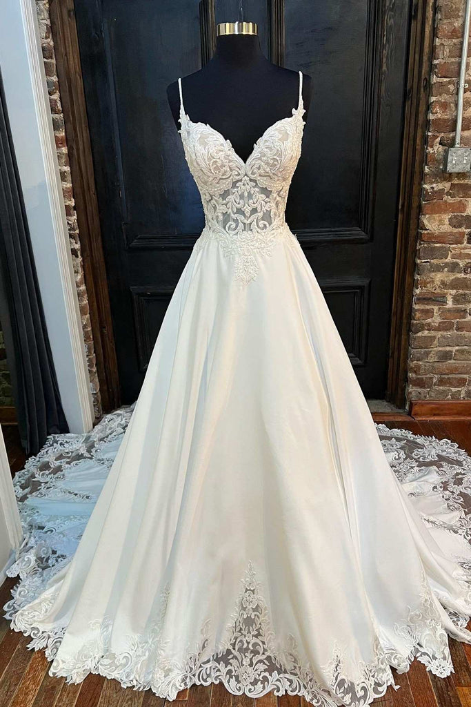 A-Line White Lace V Neck Straps Backless Court Wedding Dress - Princessly A-Line White Lace V Neck Straps Backless Court Wedding Dress - Princessly