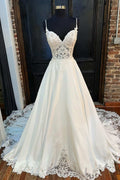 A-Line White Lace V Neck Straps Backless Court Wedding Dress